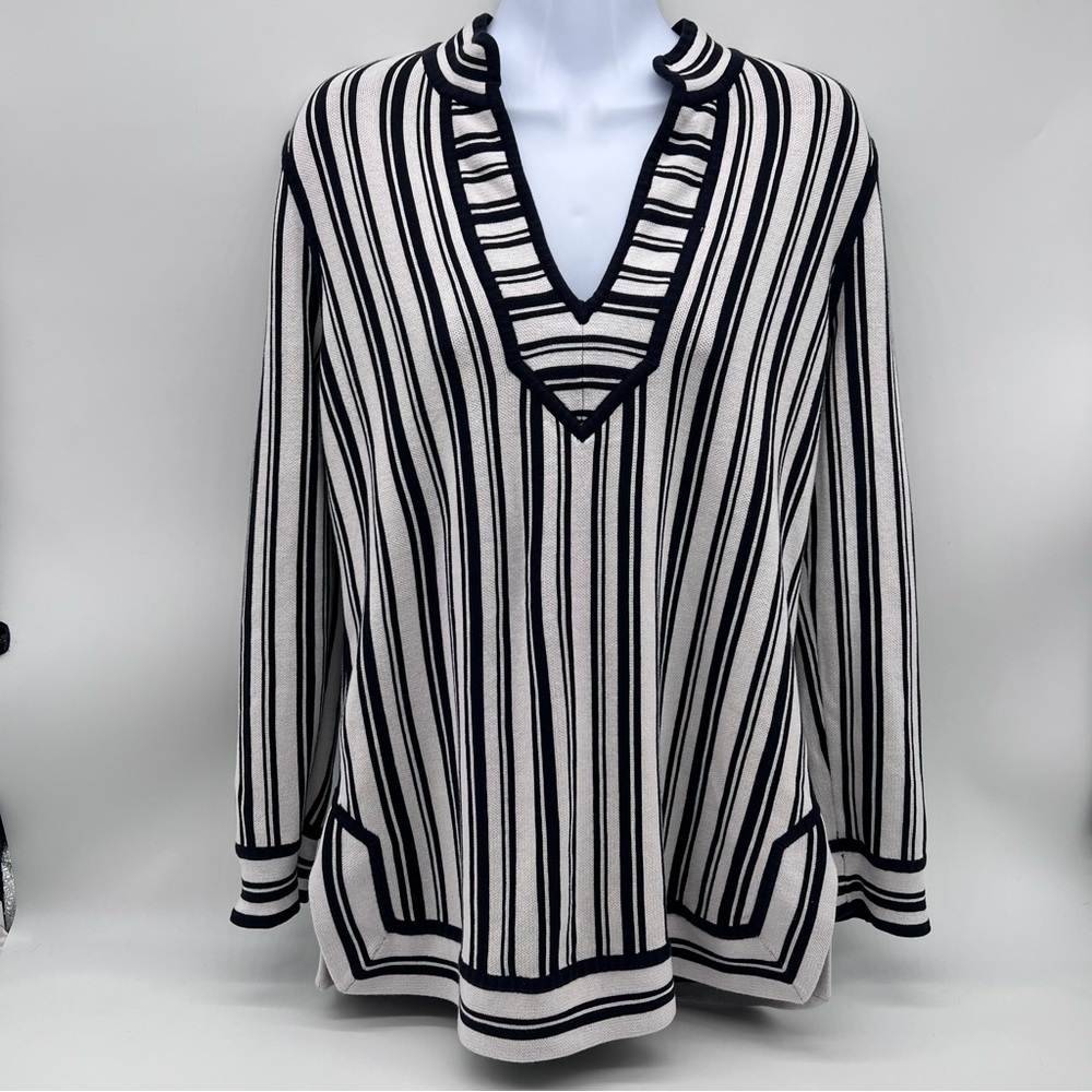 Tory Burch Black and White Striped Knit 100% Cotton Boho Tunic Size M